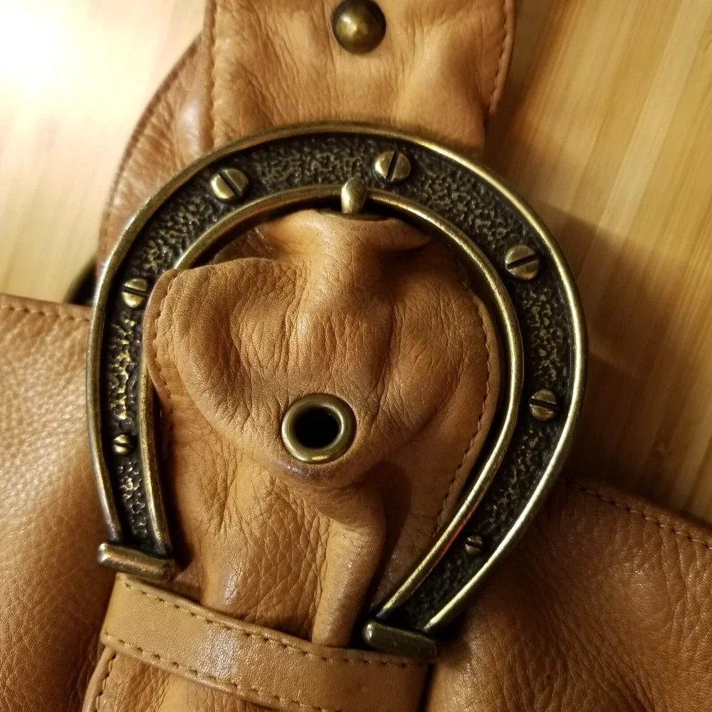 Vtg Betsey Johnson Leather Horseshoe‎ Bucket Bag Brown Y2K Western Cowgirl Hobo